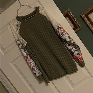 Floral Sleeve Olive Green Dress